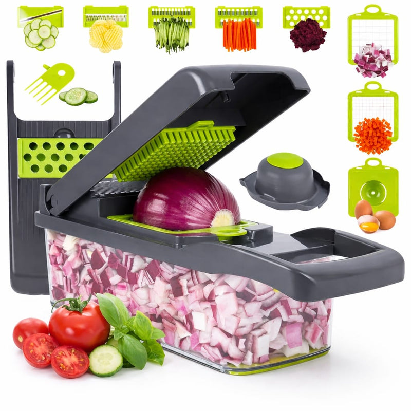 16-in-1 Vegetable Chopper, Slicer & Dicer with Colander Basket – Heavy-Duty Kitchen Food Cutter for Onion, Potato, Carrot & More